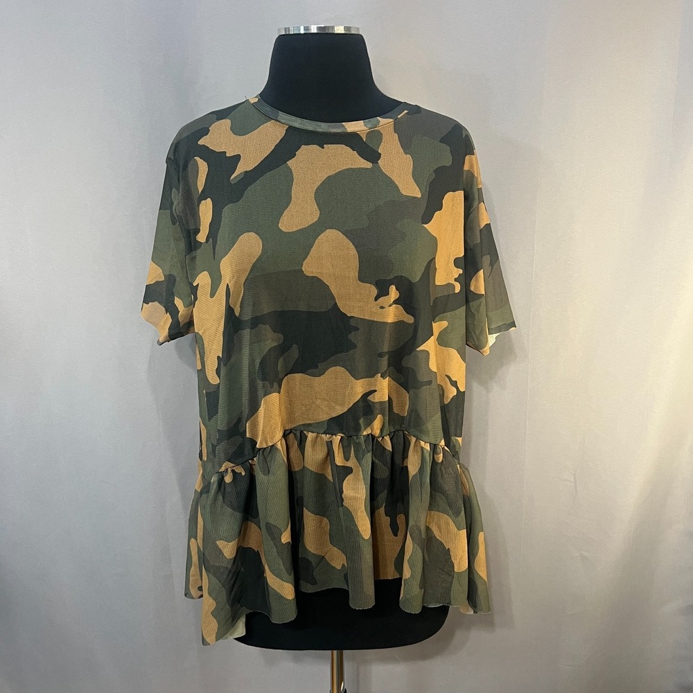 Zara Trafaluc Peplum Blouse Top Womens Large Green Camouflage Sheer Ruffle Hem